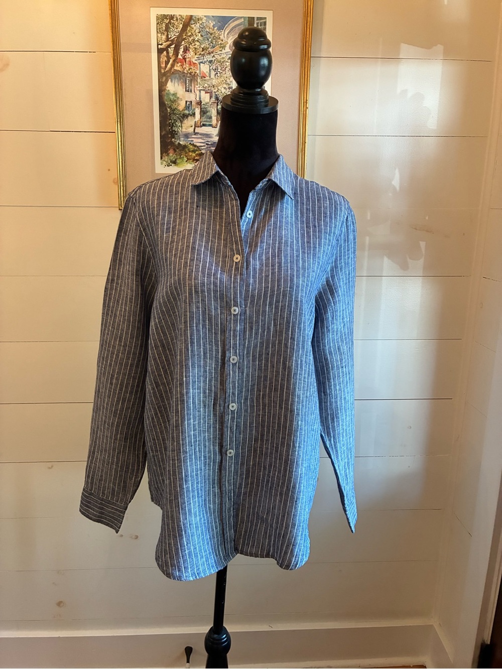 Quince 100% European Linen Long Sleeve Button Down Shirt Stripe Large
